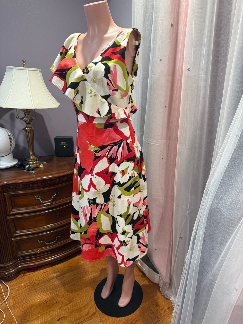 H by Halston Red, White & Green Floral Midi Dress with Ruffle V-Neck